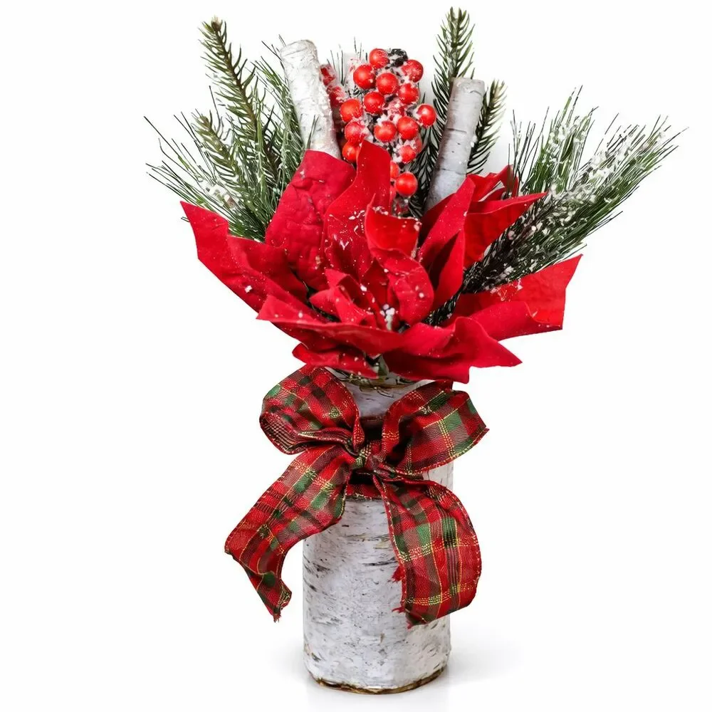 Red Plaid Holiday Christmas Flower Floral Bouquet Arrangement Poinsettia Birch